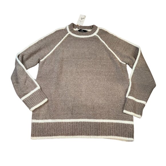 Lillusory Tan & White Contrast Trim Sweater | Women’s Large | Cozy Knit Pullover - Picture 1 of 9